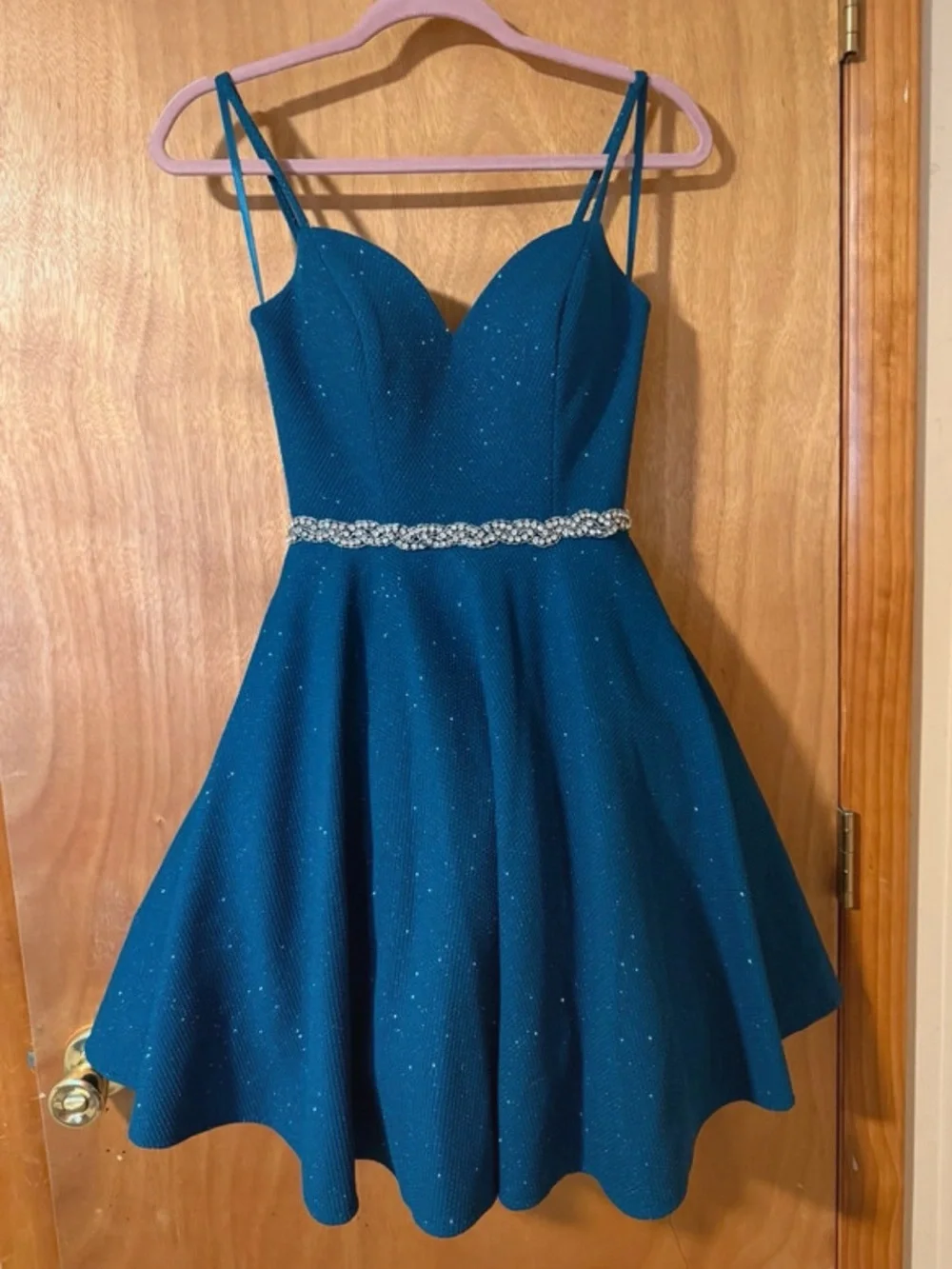 Jovani Teal Sparkle Fit-and-Flare Cocktail Dress with Beaded Waist